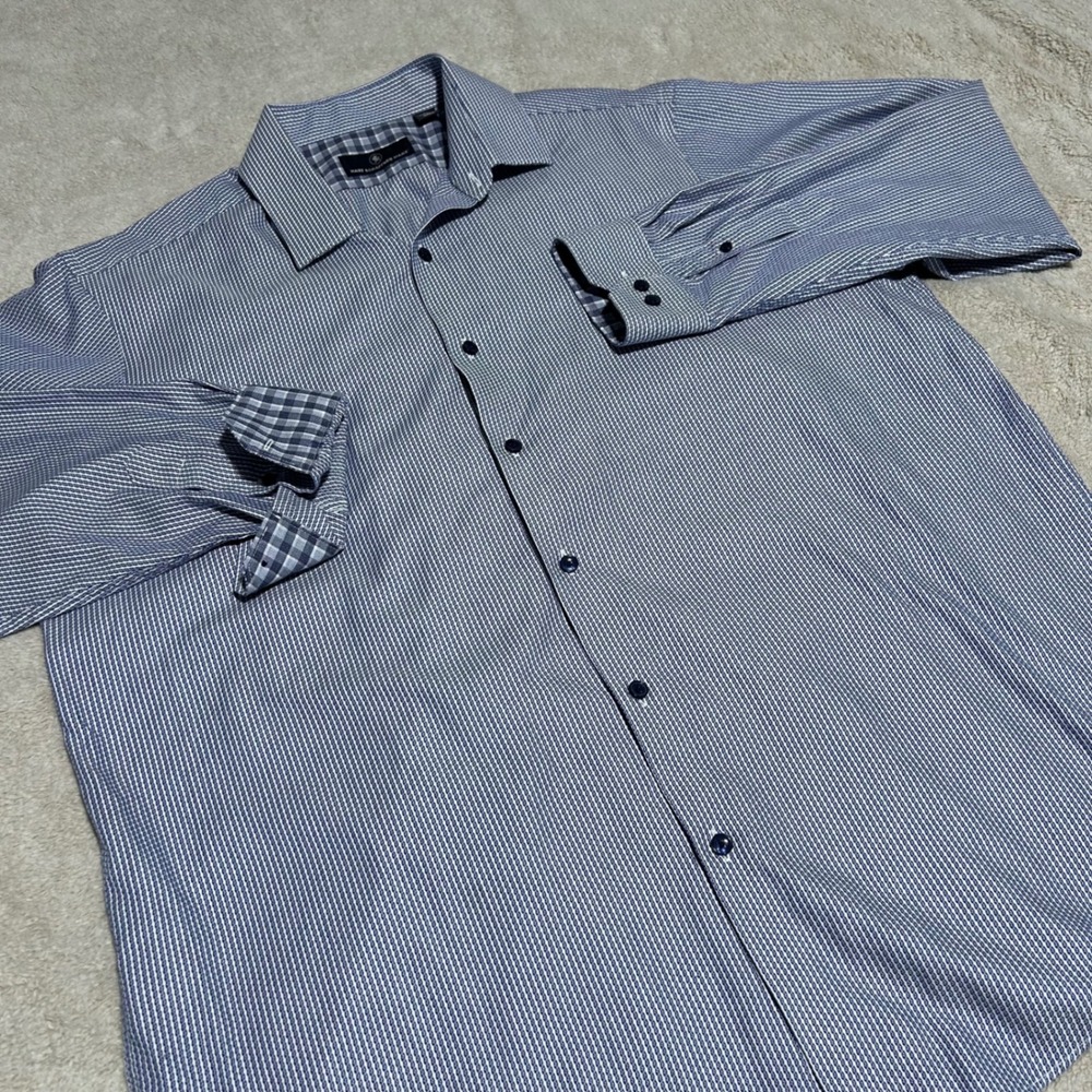 Hart Schaffner Marx Button Down Shirt Mens XL Blue Micro Pattern Long Sleeve